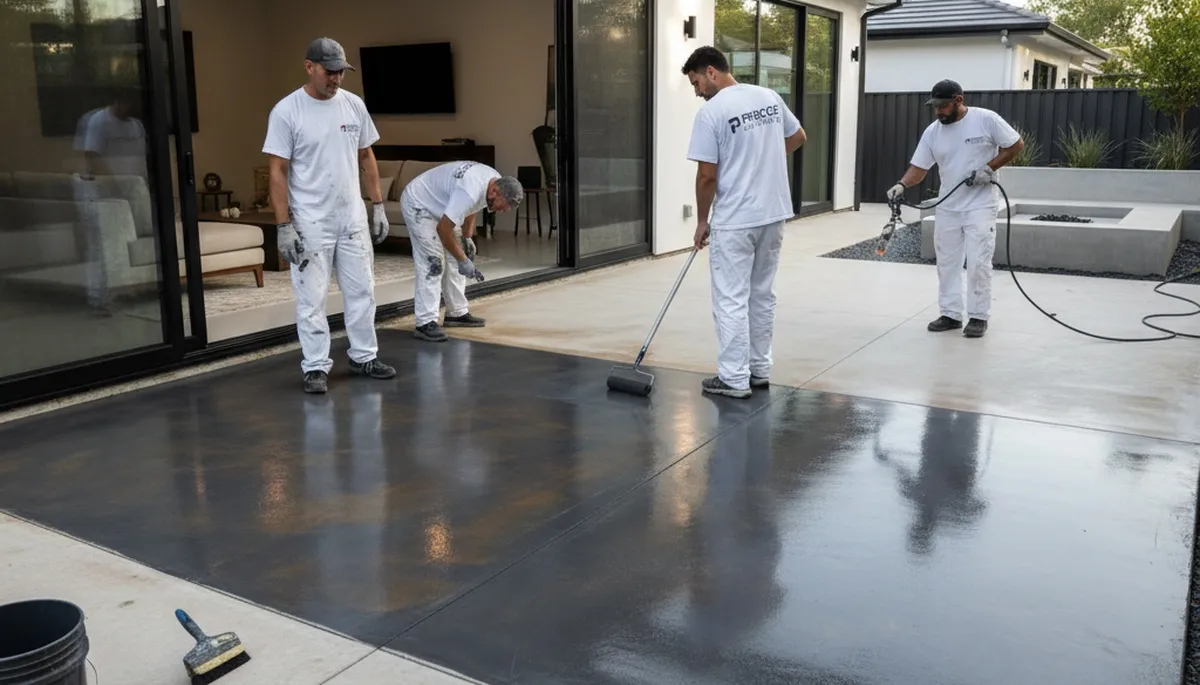 Professional concrete staining on a Madison WI patio by expert house painters for durable, rich color