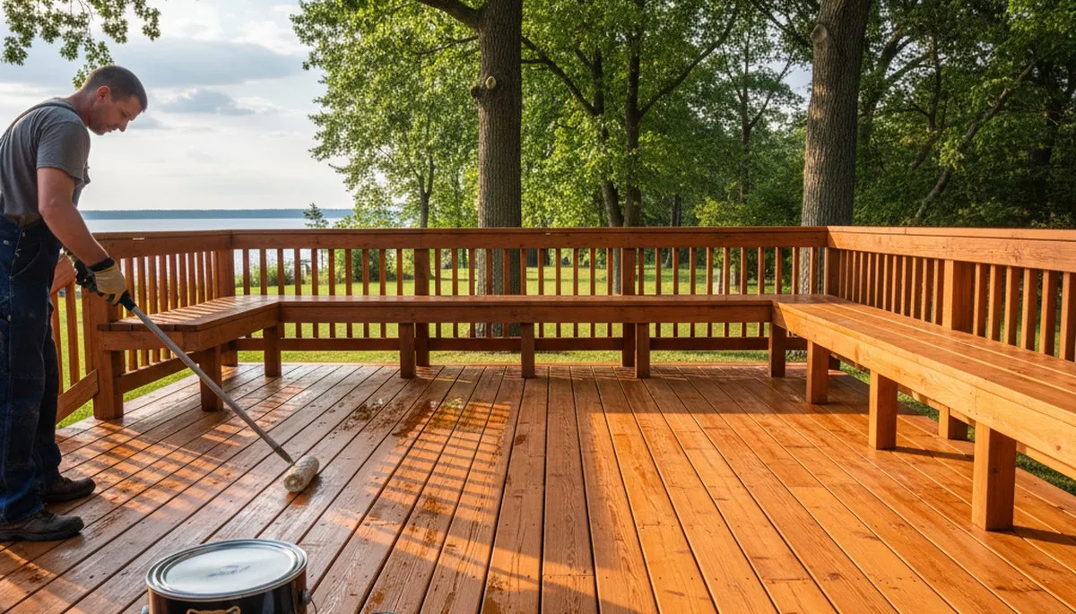 Professional deck staining in Madison WI showing expert wood protection and UV-resistant finish application